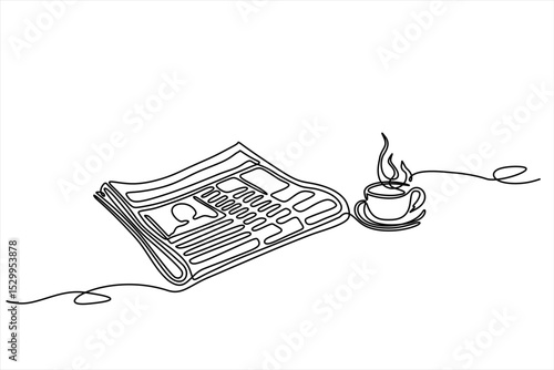 Continuous one line drawing of a stack of news newspapers with cup of coffee. Vector illustration. Hand drawn one line vector. Editable stroke