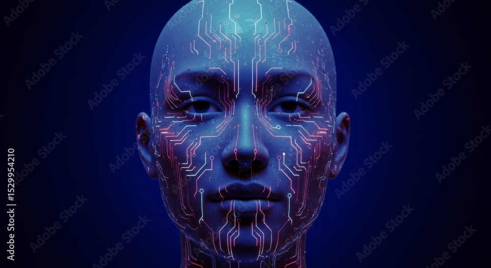 Fototapeta premium A person's face with an integrated circuit pattern over it, glowing in pink and blue on dark backdrop