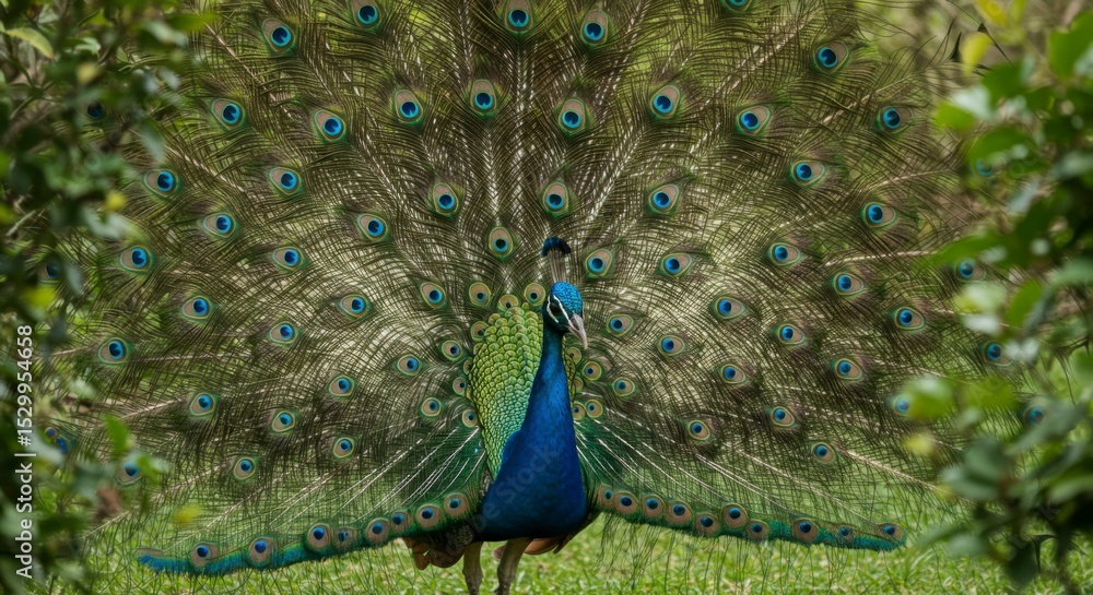 Fototapeta premium Majestic peacock displaying vibrant plumage