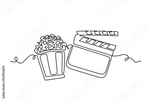 Clapper board and glass of popcorn continuous one line drawing. Movie scene episode production concept. Vector illustration isolated on white. Editable stroke.	