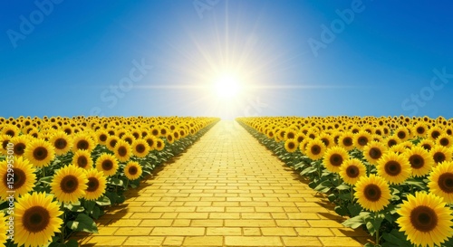 A yellow brick road stretches towards a bright sun, lined with vibrant sunflowers under a clear blue sky