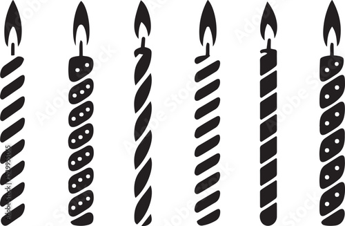 Collection of black birthday candles silhouette with stripes and patterns, festive celebration icons set