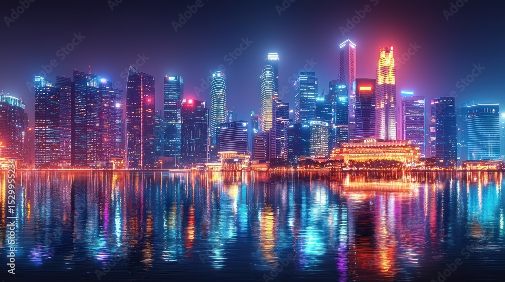 Fototapeta premium City skyline glows, water reflection