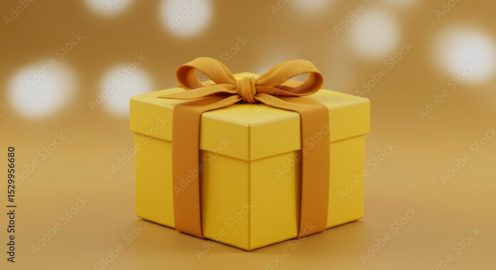 Fototapeta premium A golden square gift box with a golden ribbon, sitting on a bokeh background