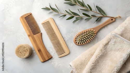 Natural wooden hair care tools with towel and eucalyptus branch on white background