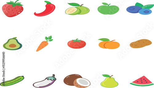 Wallpaper Mural Vibrant Fruit and Vegetable Icons A Colorful Collection of Healthy Food Illustrations Torontodigital.ca