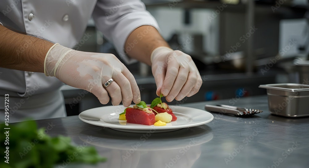 Close-up of a chef plating a gourmet meal in a professional kitchen, focus on hands and fine dining presentation, culinary art concept Close-up of a chef plating a gourmet meal in a professional kitchen, focus on hands and fine dining presentation, culinary art concept