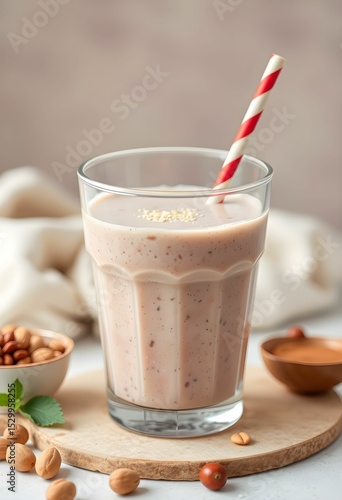 Nut protein drink is a smoothie in a glass glass with a straw. A fitness supplement. Front view.