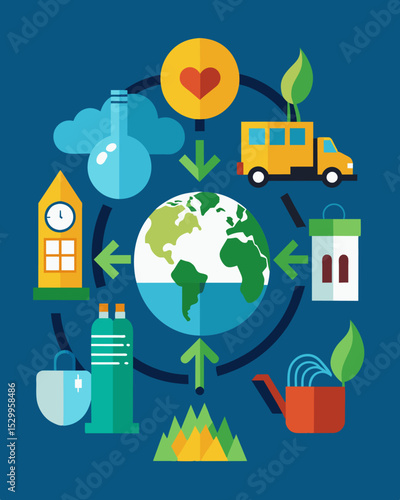 A graphic displaying the different environmental impacts of a product at different stages of its lifecycle.. Vector illustration