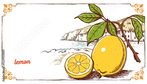 Lemon illustration with branch and slice on a beach background  