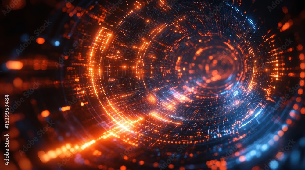 Obraz premium Abstract digital artwork with futuristic technology background. Geometric curve lines, circles, dots create tech, corporate network design. Glowing neon rings, data visualization illustration.