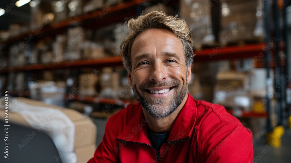 A man is standing in a warehouse setting, smiling at the camera, with boxes and packaging materials in the background.