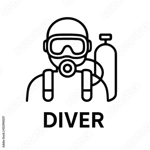 Diver icon with scuba mask and oxygen tank in minimal outline style representing underwater exploration and scuba diving activity