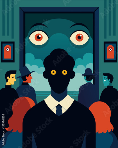 The eerie painting in the museum seemed to come to life its subjects eyes following her every move filled with silent accusations and disapproval.. Vector illustration