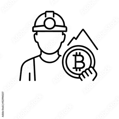 Cryptocurrency miner icon with person in helmet holding bitcoin symbol in minimal outline style representing digital currency mining