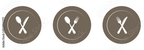 Tableware thin line icon set of fork, knife, spoon. Logotype menu. Cutlery and crockery sign. Flat style eating utensils symbol collection. Vector illustration