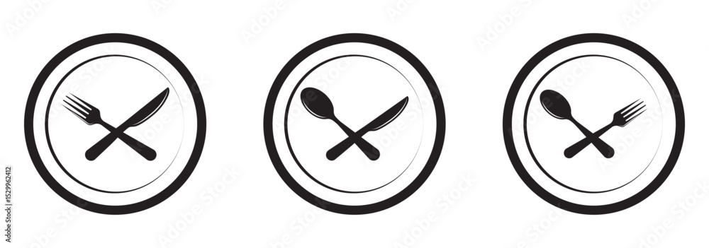 Fork, spoon, knife and plate. Menu symbol. Tableware instruments. Restaurant icon. Food, plate, fork, knife, spoon, cutlery icon set. Fork, spoon, knife and plate. Menu symbol. Tableware instruments. Restaurant icon. Food, plate, fork, knife, spoon, cutlery icon set.