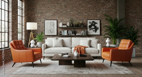 Modern loft living room featuring a cream sofa and two orange armchairs
