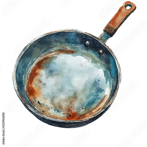 Frying Pan Skillet, watercolor clipart vector, isolated on a white background.