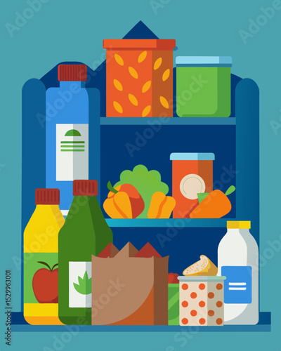 A heap of expired and unod food items still in their original packaging in a pantry.. Vector illustration