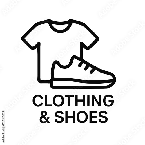 Outline of t-shirt and sneaker icon representing clothing and shoes  