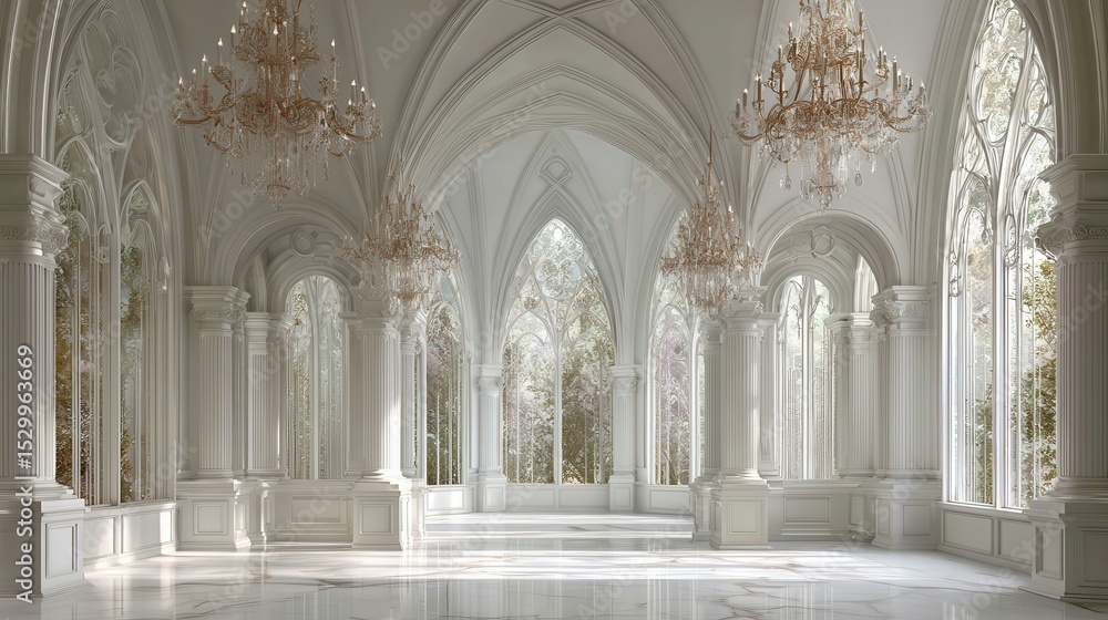 Sunlight streaming through tall arched windows in a majestic white ballroom illuminates crystal chandeliers and ornate pillars, creating a serene and opulent atmosphere Sunlight streaming through tall arched windows in a majestic white ballroom illuminates crystal chandeliers and ornate pillars, creating a serene and opulent atmosphere