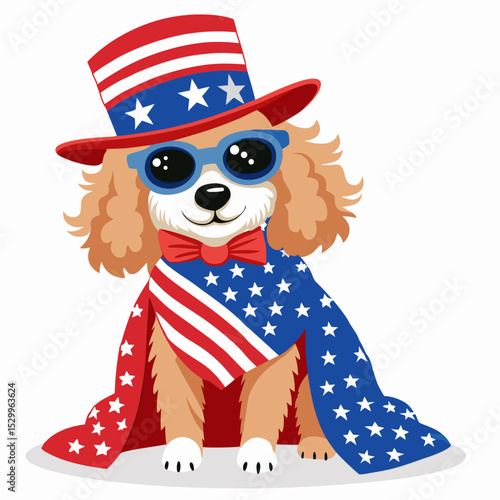 Cute cartoon dog in patriotic outfit with American flag. Perfect for Independence Day designs, kids books, greeting cards, and festive decorations. Isolated vector on white.