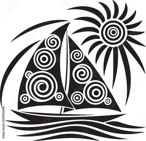 Ornate sailboat with sun design, perfect for tattoos or prints.