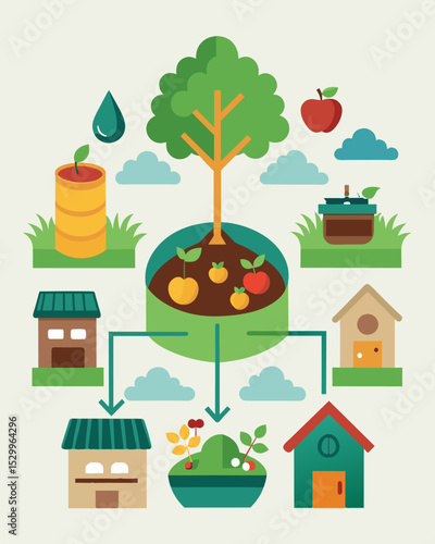 A communitywide composting initiative with designated areas for residents to drop off food scraps and a system for distributing the resulting compost to local gardens.. Vector illustration