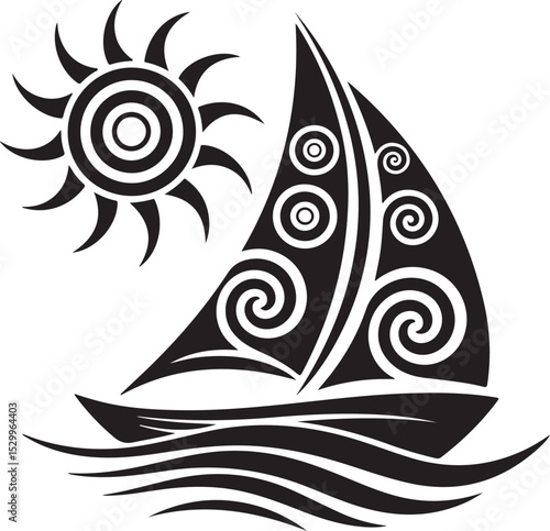 Ornate sailboat with sun design, perfect for tattoos or prints.