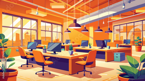 A bright modern office space filled with vibrant orange desks creates a cheerful environment. Sleek lines, open layout, and minimalist design inspire focus, creativity, and comfort during productive w