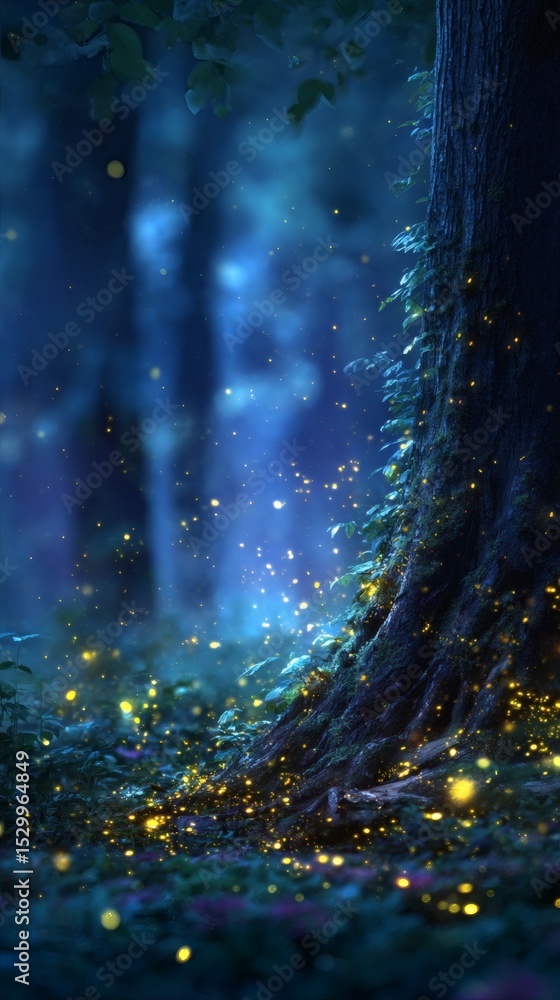 Naklejka premium Magical forest scene with glowing fireflies illuminating a tree trunk and the ground, creating a mystical and enchanting atmosphere.