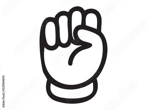 Black outline clenched fist hand gesture icon isolated on white background. Concept of unity, support, empowerment, friendly solidarity, protest symbol, human strength, vector illustration