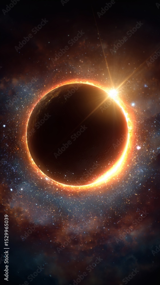 Fototapeta premium A dramatic celestial event showcases a dark planet with a radiant halo, set against a backdrop of swirling nebulas and twinkling stars.