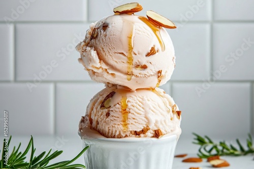 Sweet Almond Ice Cream Topped With Honey and Almonds on a Light Gray Background.