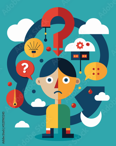 An endless cycle of contradictory thoughts and beliefs causing confusion and distress.. Vector illustration