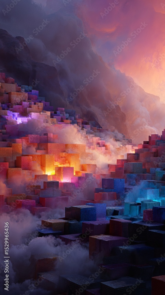 Colorful cubes create a surreal landscape beneath a dramatic sky, blending abstract art with natural elements in a dreamlike digital composition. Colorful cubes create a surreal landscape beneath a dramatic sky, blending abstract art with natural elements in a dreamlike digital composition.