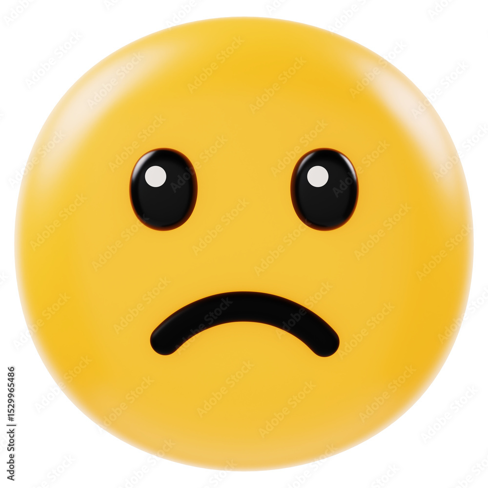 Fototapeta premium sad smiley face 3d icon in cartoon plastic style minimal isolated on transparent white background, clipping path 