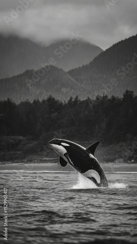 Orca Whale Leaping Above Ocean Surface Near Mountainous Coastline in Moody We...