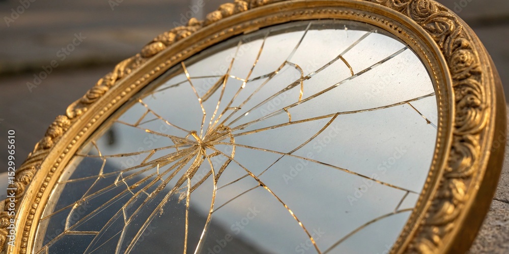 Obraz premium Concept of regret as a shattered mirror glued back with gold threads 