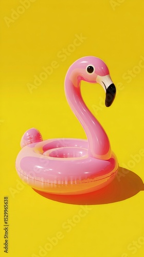 Colorful Pink Flamingo Pool Float Against Bright Yellow Background