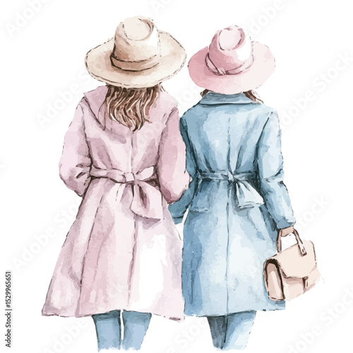 Friends Pastel Spring Clothes, watercolor clipart vector, isolated on a white background.