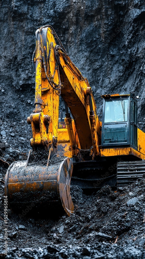 Excavator at work in a dark rocky quarry Excavator at work in a dark rocky quarry