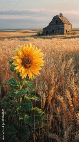 Vibrant Sunflower Stands Tall in Golden Wheat Field Near Historic Barn at Sunset