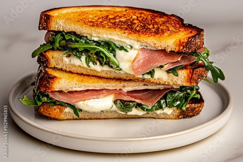 Delicious Stacked Sandwich With Arugula, Cheese, and Cured Meat on Toasted Br...