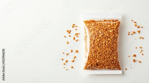 Packaged spice blend with scattered granules on a clean surface, ideal for culinary use