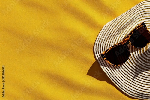 Summer Accessories Laid out on a Vibrant Yellow Fabric With Sunlight Casting ...