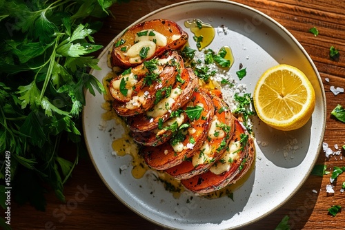 Deliciously Arranged Roasted Vegetables With Herbs and Lemon on a Wooden Table