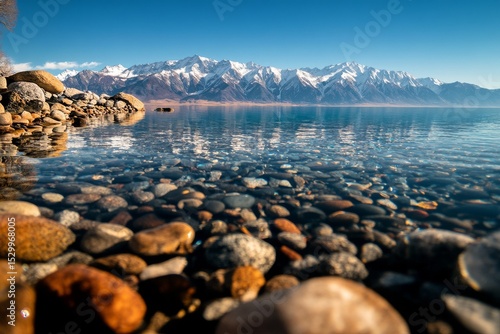 Stunning Mountain Reflection in Clear Lake With Pebbles on the Shore During B...