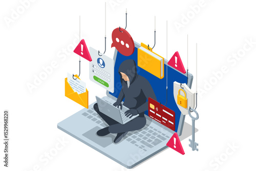 Isometric hooded hacker on a laptop keyboard, surrounded by hooks snaring emails, login forms, credit cards, padlock icons, all flagged with red warning triangles to illustrate a phishing attack.